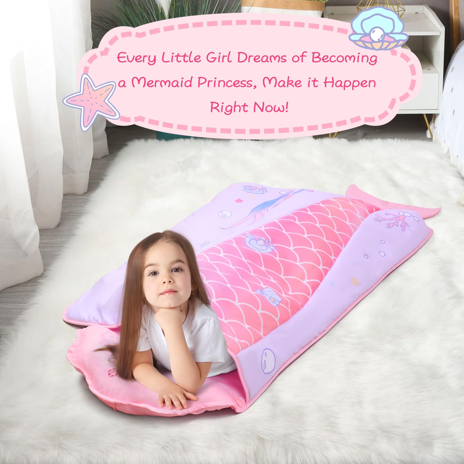 GOPHRALOVE Mermaid Nap Mat features reinforced stitching for durability.