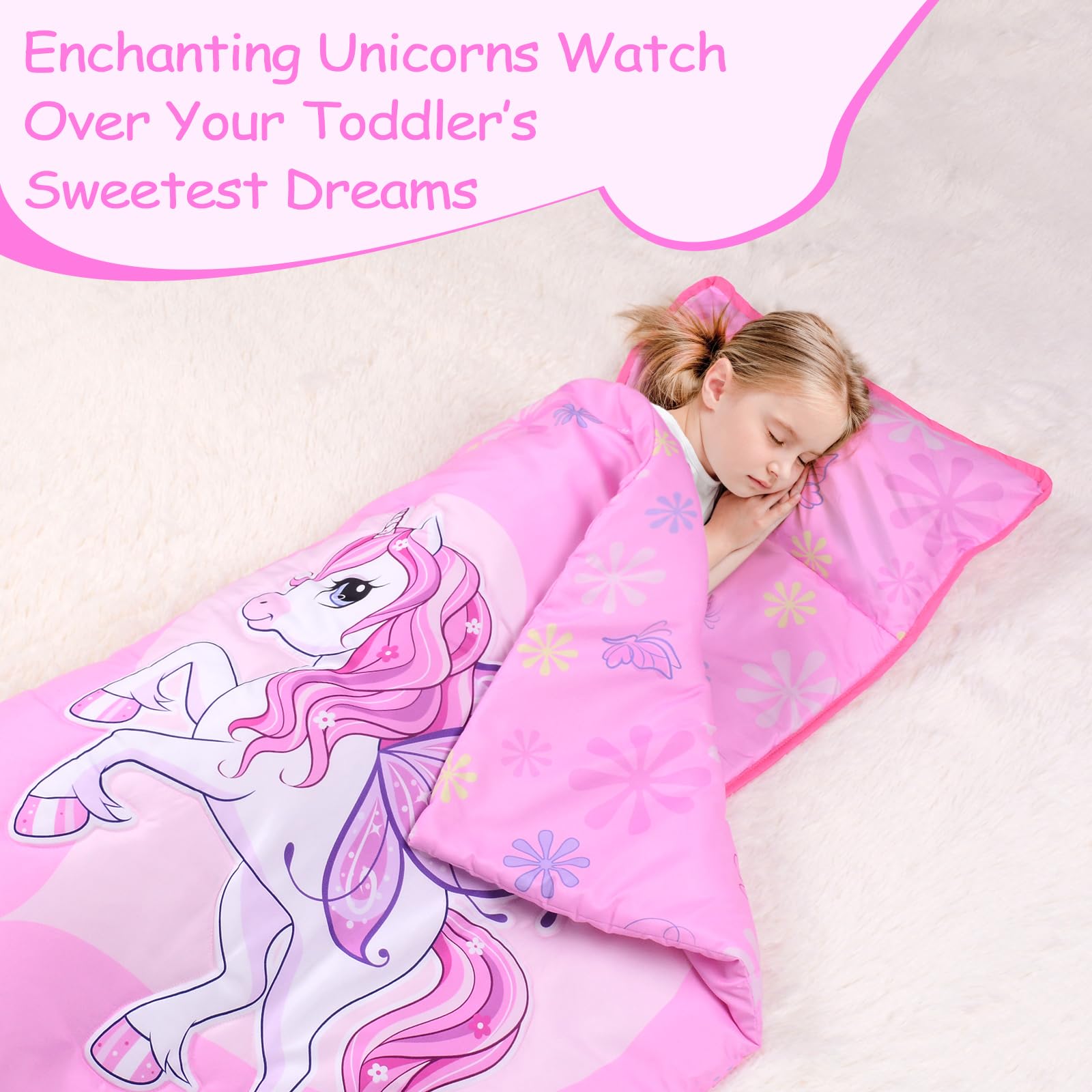 GOPHRALOVE Unicorns Nap Mat with 53x21 mat and 42x33 blanket compactly arranged.