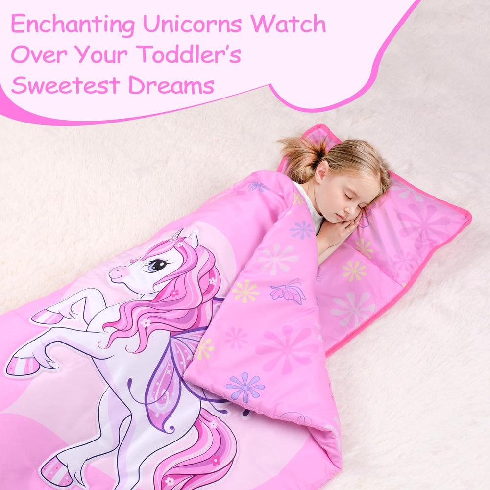 GOPHRALOVE Unicorns Nap Mat with 53x21 mat and 42x33 blanket compactly arranged.