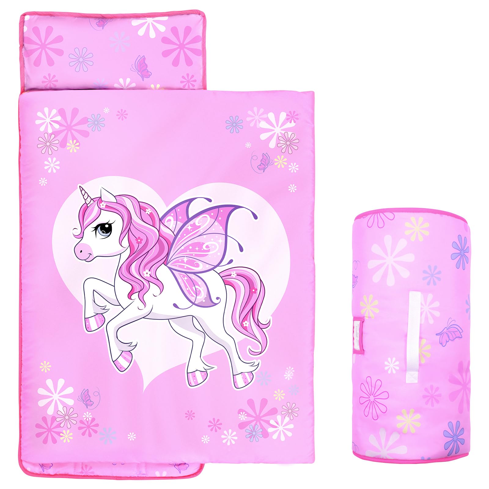 GOPHRALOVE Unicorns Nap Mat rolled with sturdy handle for easy daycare transport.