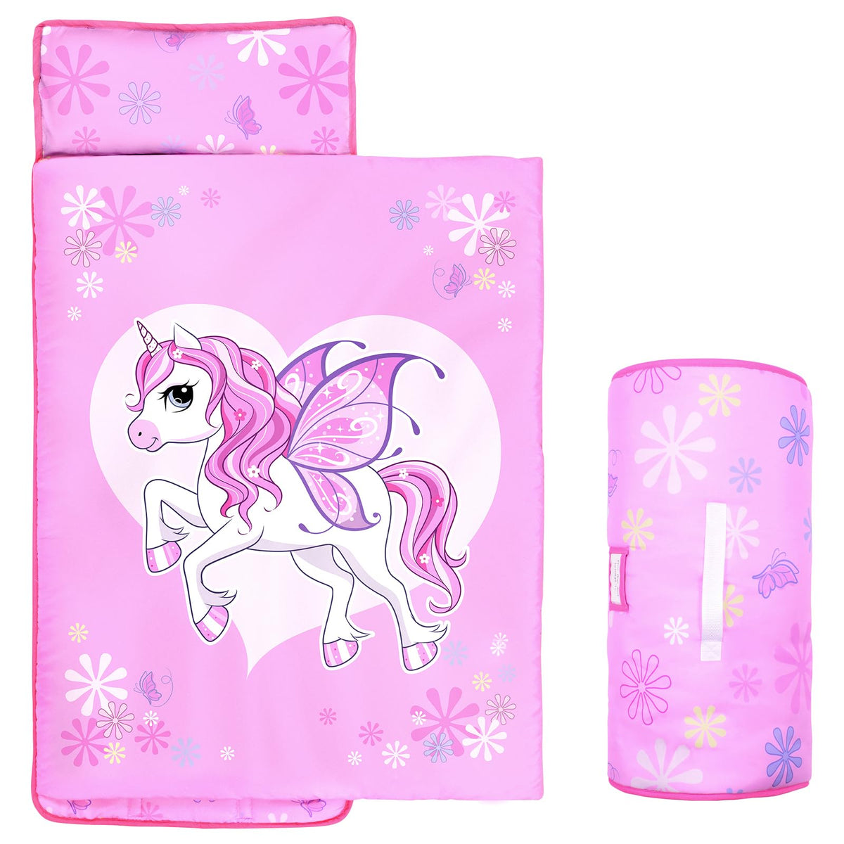 GOPHRALOVE Unicorns Nap Mat rolled with sturdy handle for easy daycare transport.