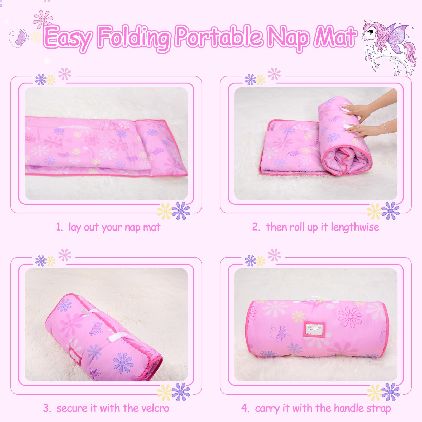 GOPHRALOVE Unicorns Nap Mat reinforced stitching for durability.