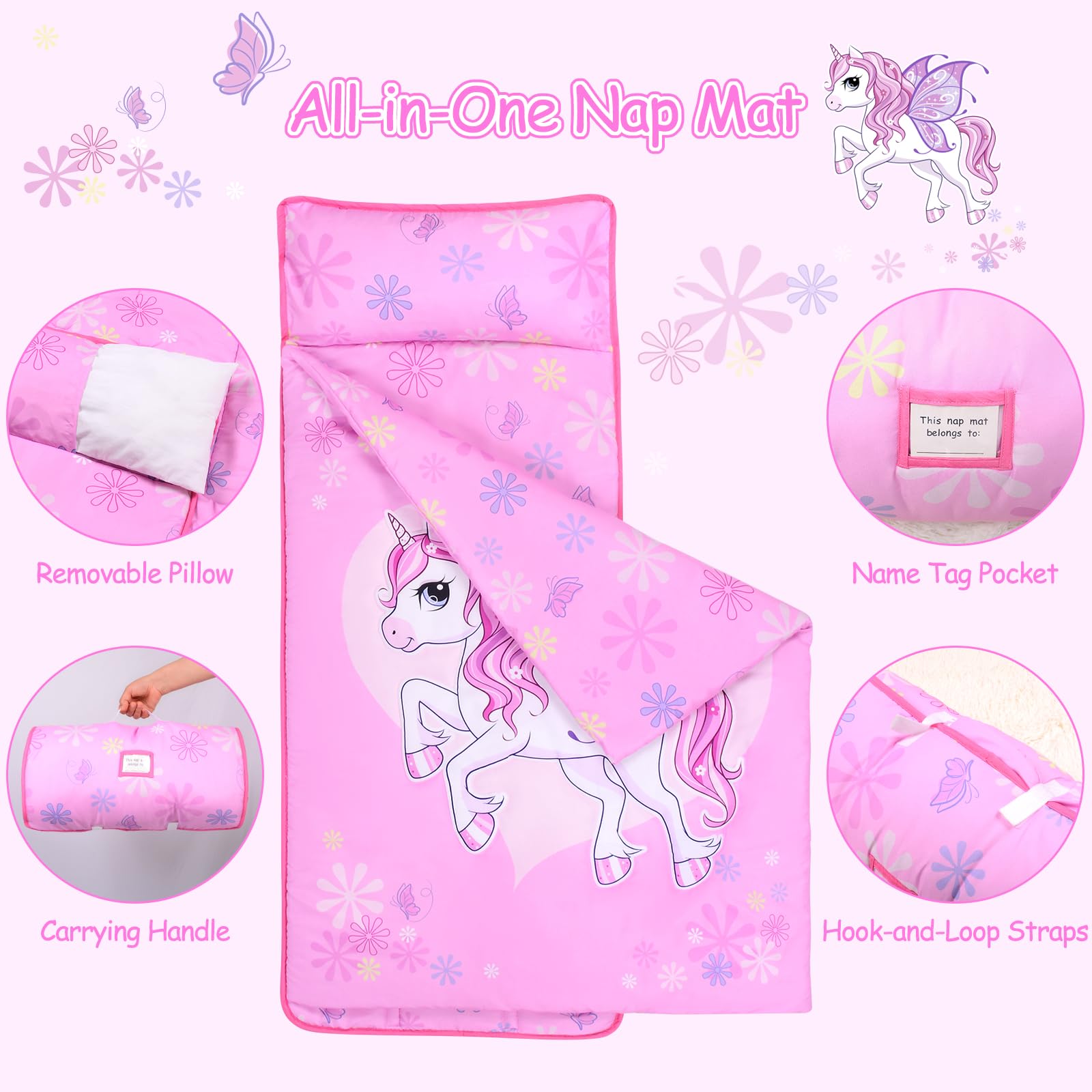 GOPHRALOVE Unicorns Nap Mat showing waterproof backing for spill resistance.