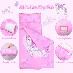 GOPHRALOVE Unicorns Nap Mat showing waterproof backing for spill resistance.