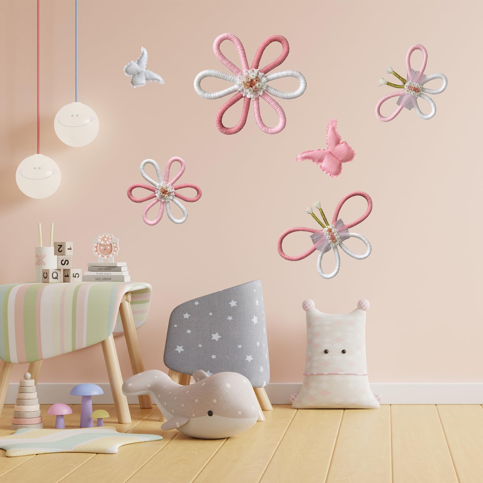 Gordepy 6-piece macrame set display demonstrates a cohesive butterfly and daisy theme.