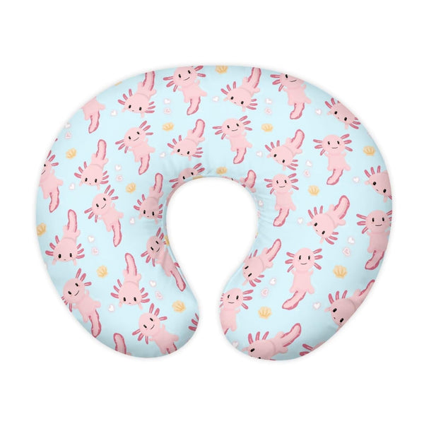 Goronwyfloyd multi pink axolotl nursing pillow cover closeup, showing soft fabric for baby comfort