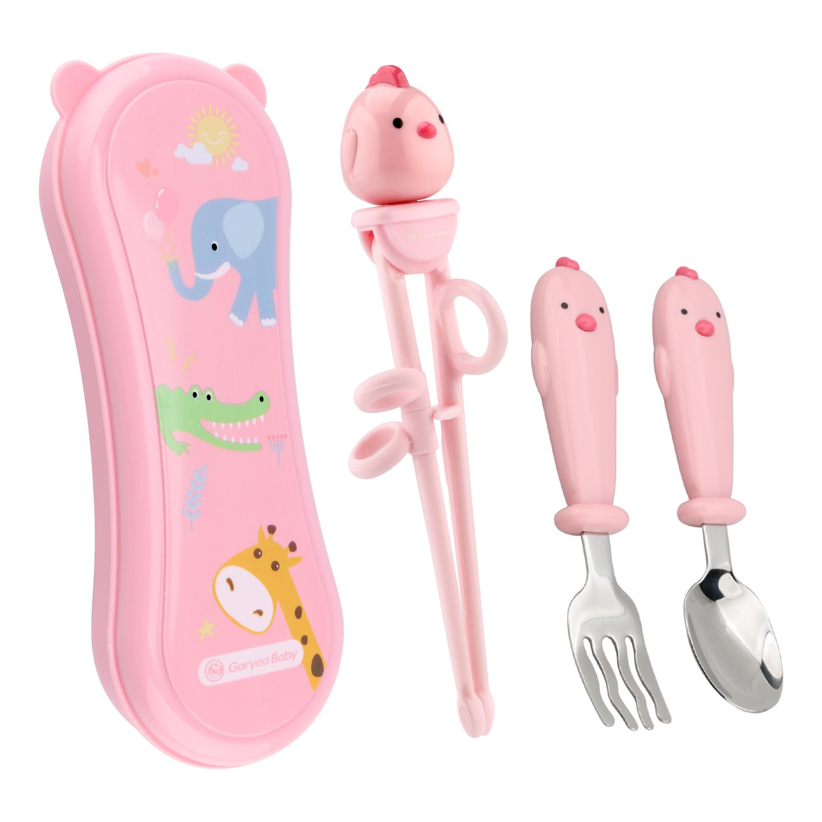 Goryeo Baby toddler utensils with stainless steel spoons for self-feeding.