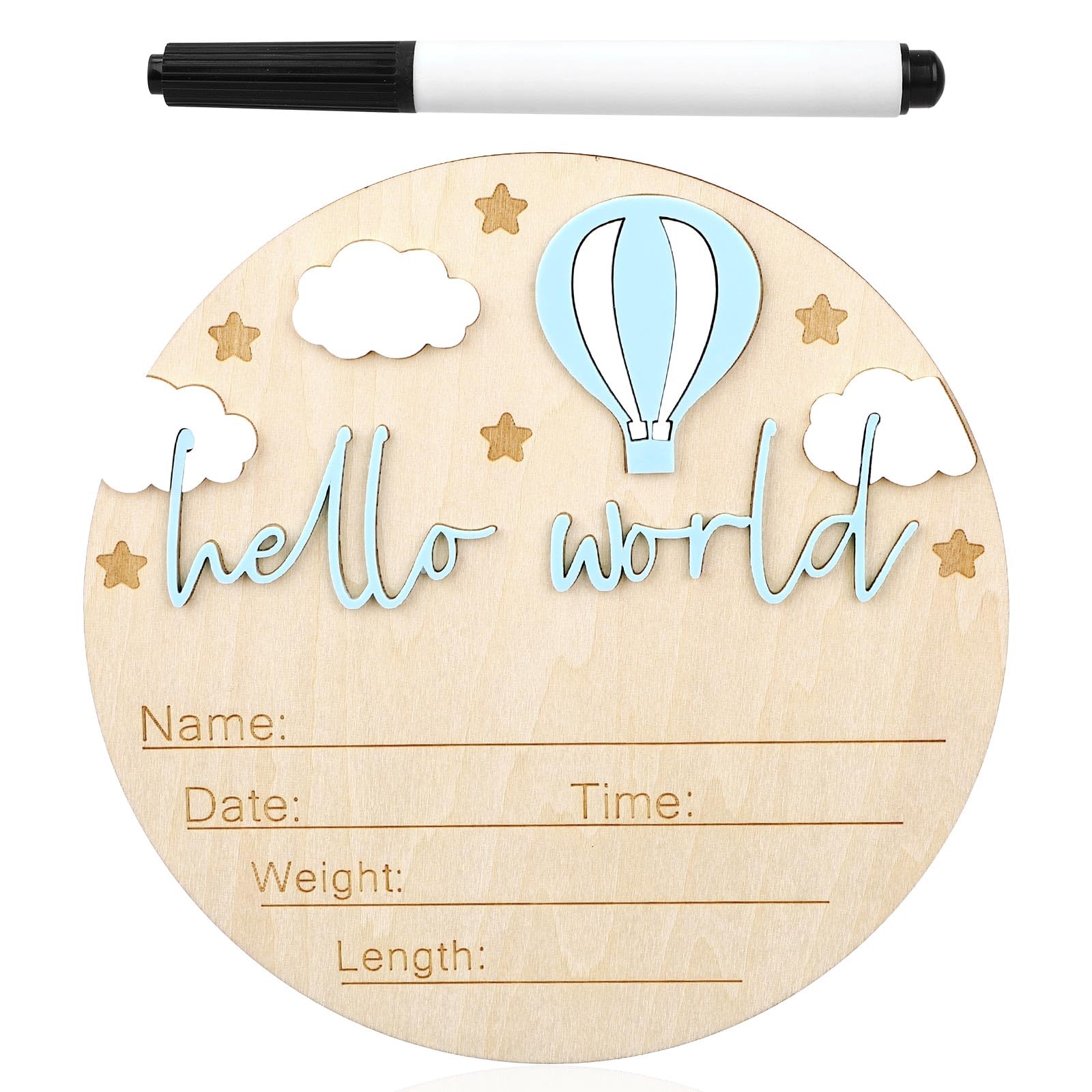 Gosknor wooden baby announcement sign with balloon, cloud and stars for nursery decor.