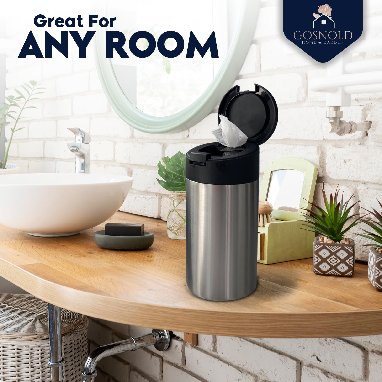 Gosnold wipes dispenser in bathroom arrangement demonstrating sleek look