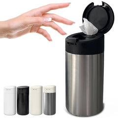 Gosnold wipes dispenser with black lid, front view showing bold design and accessible wipes
