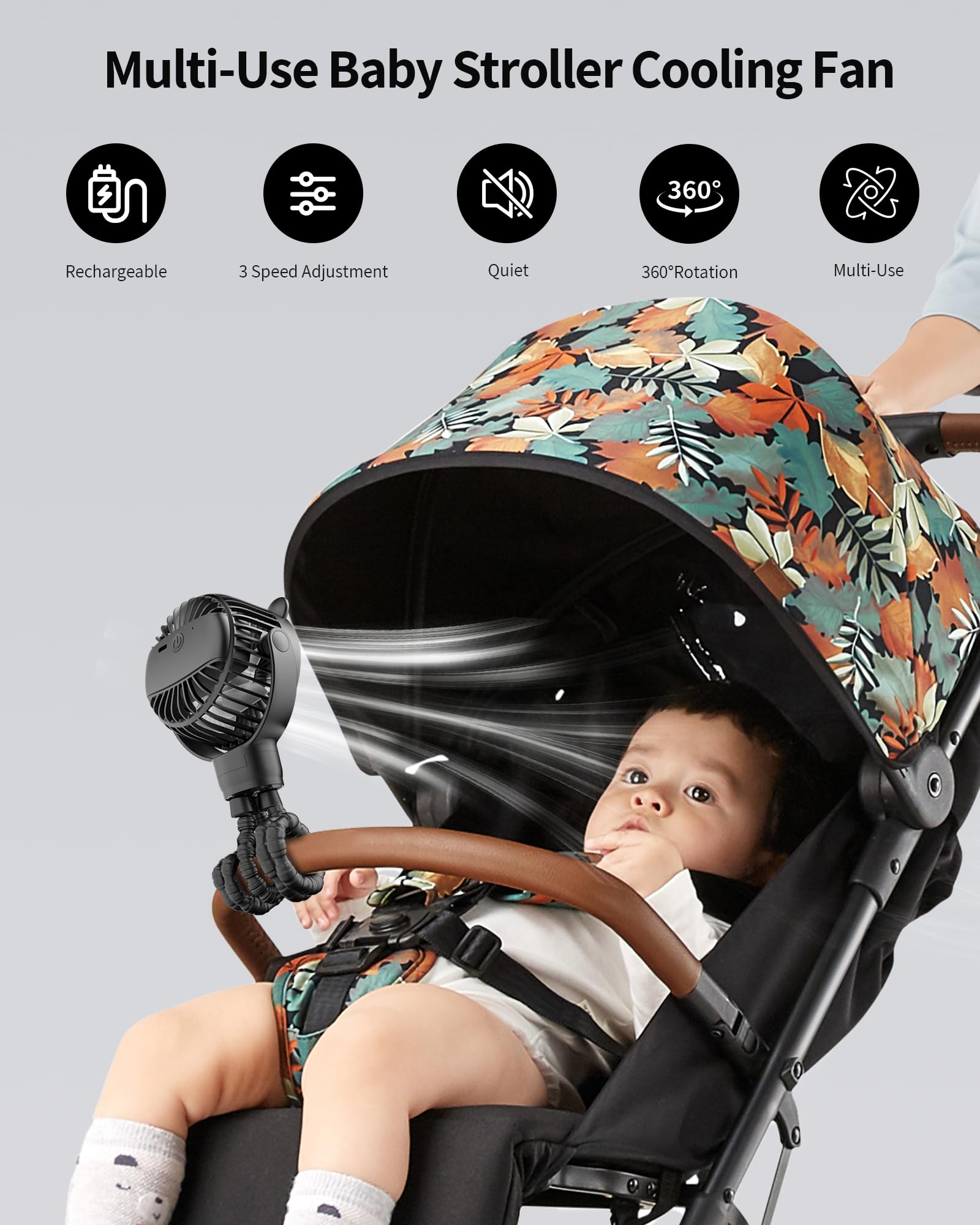 GOTOTO Baby Stroller Fan demonstrates 360-degree rotation for versatile airflow.