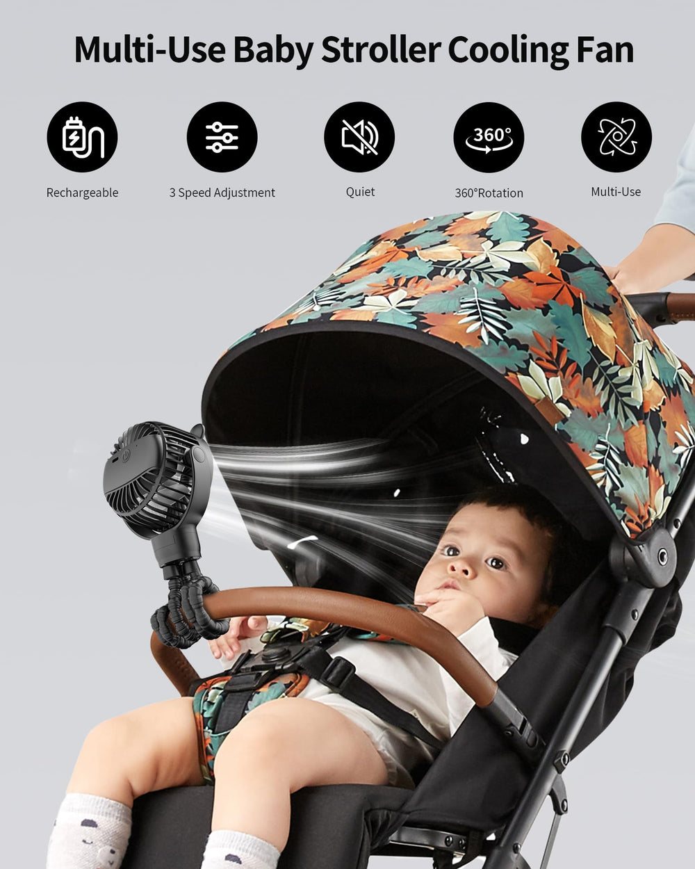 GOTOTO Baby Stroller Fan demonstrates 360-degree rotation for versatile airflow.