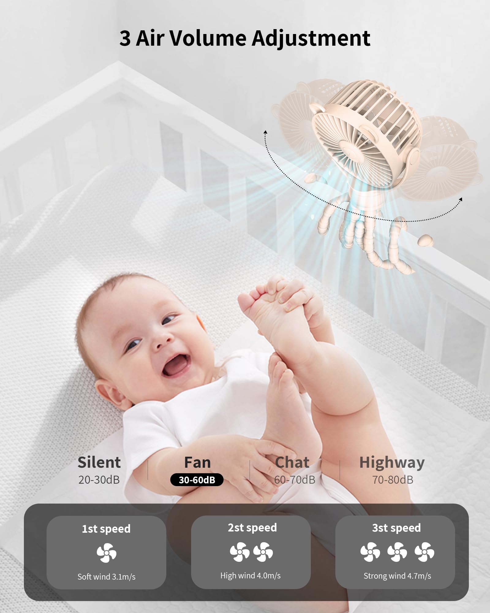 Gototo Baby Stroller Fan operates with ultra-low noise for quiet environments.