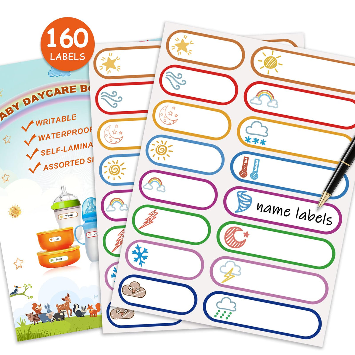 GOYOMI large-sheets daycare bottle labels for easy item identification.