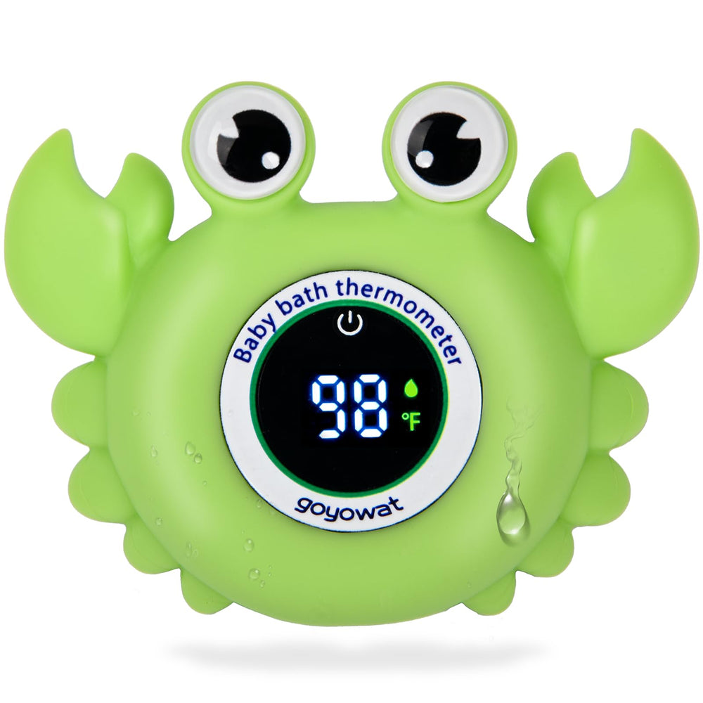 Goyowat baby bath thermometer with LED display showing safe water temperature.
