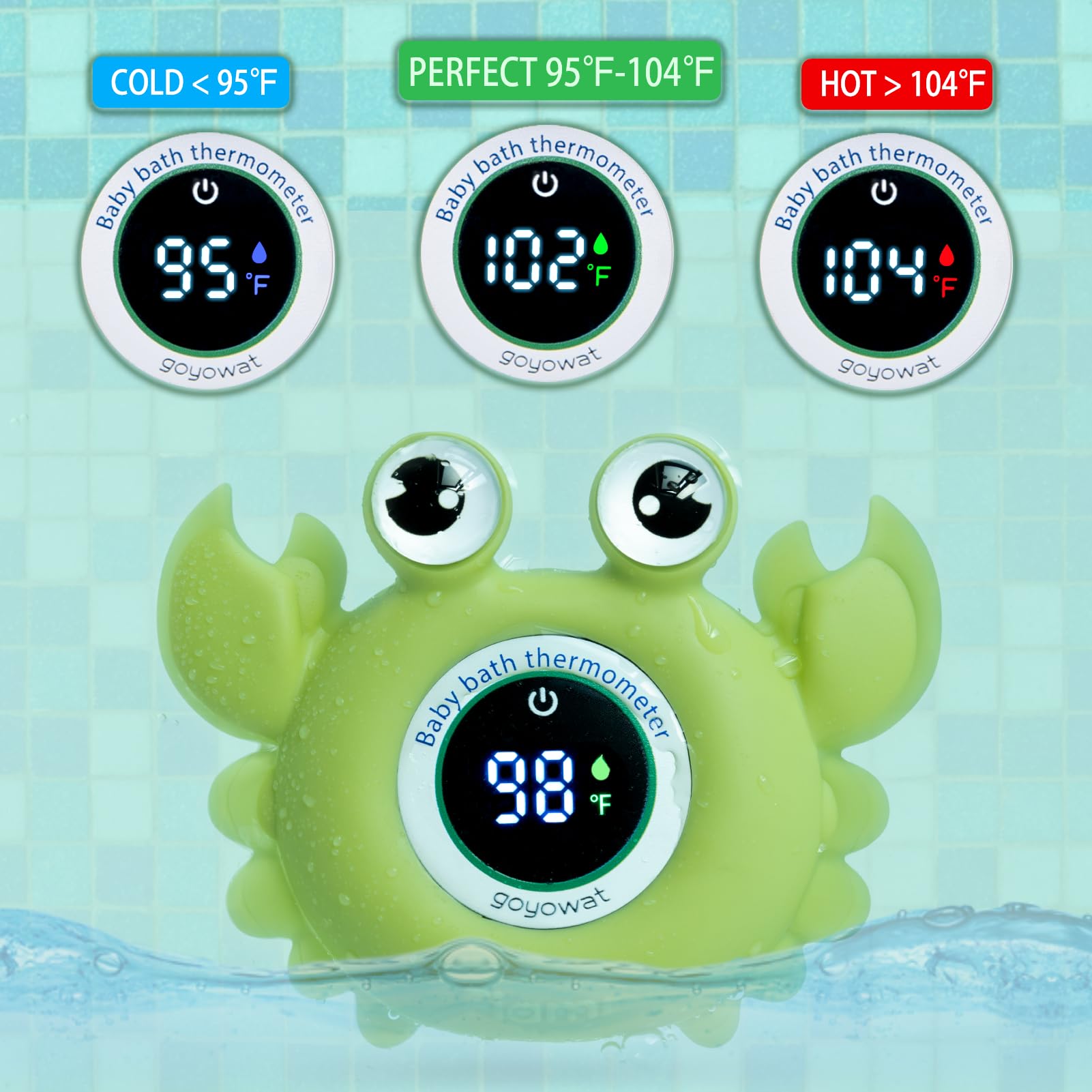 Goyowat floating crab bath toy enhances bath time play while monitoring temperature.