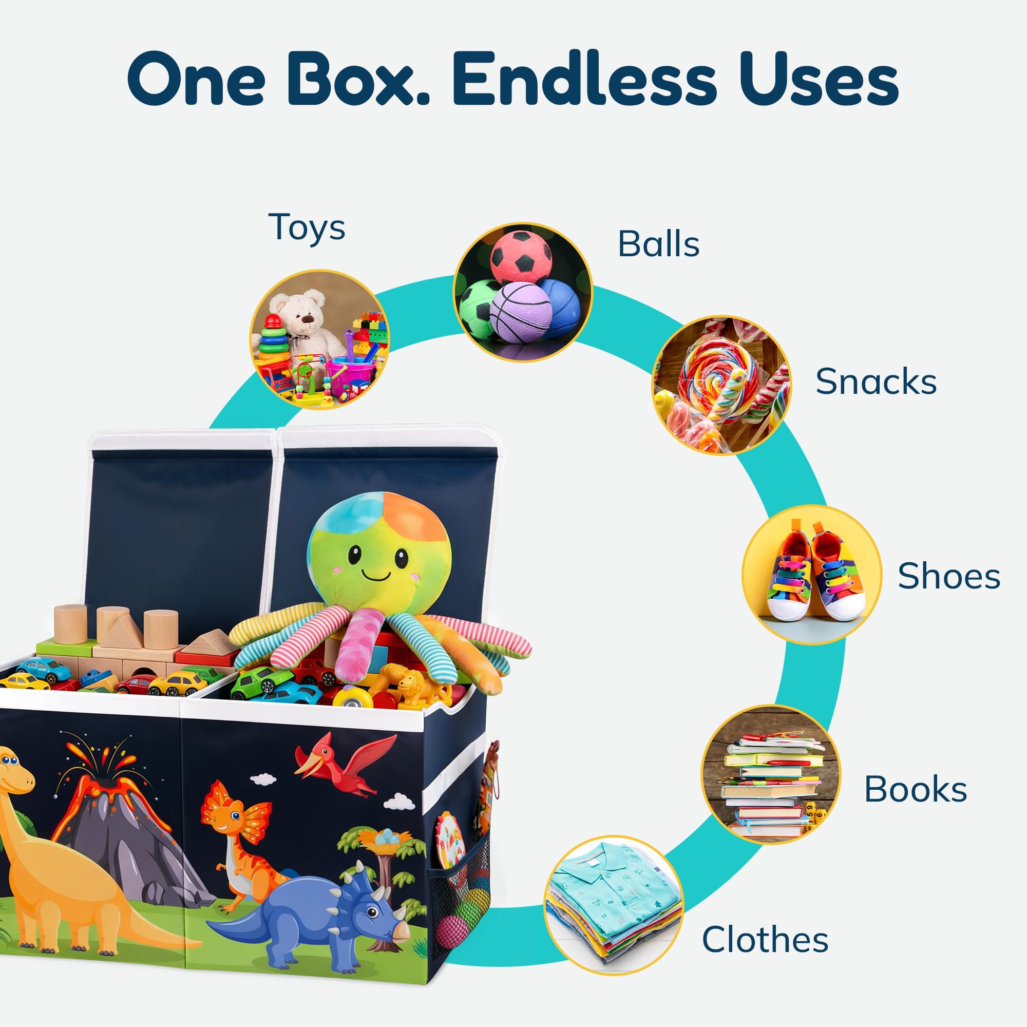 Grabbzee toy box with 85-liter capacity stores toys, books, and plush.