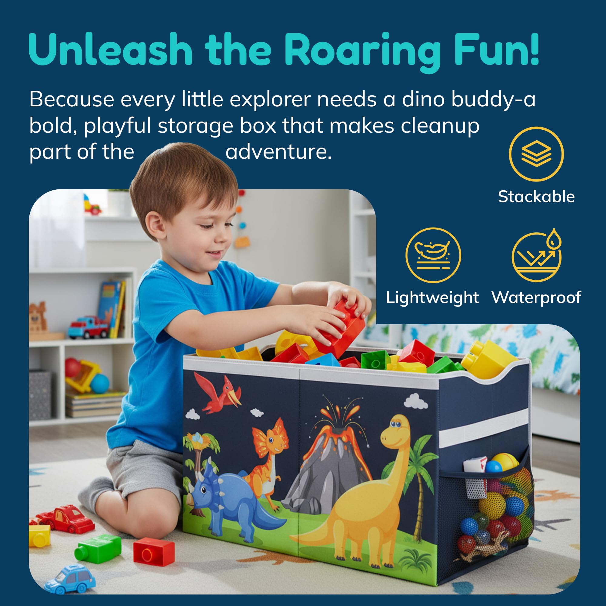 Grabbzee toy box side pockets keep crayons and books within reach.