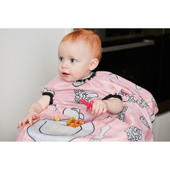Grabease adhesive snug-fit bib keeps clothing clean during self-feeding.