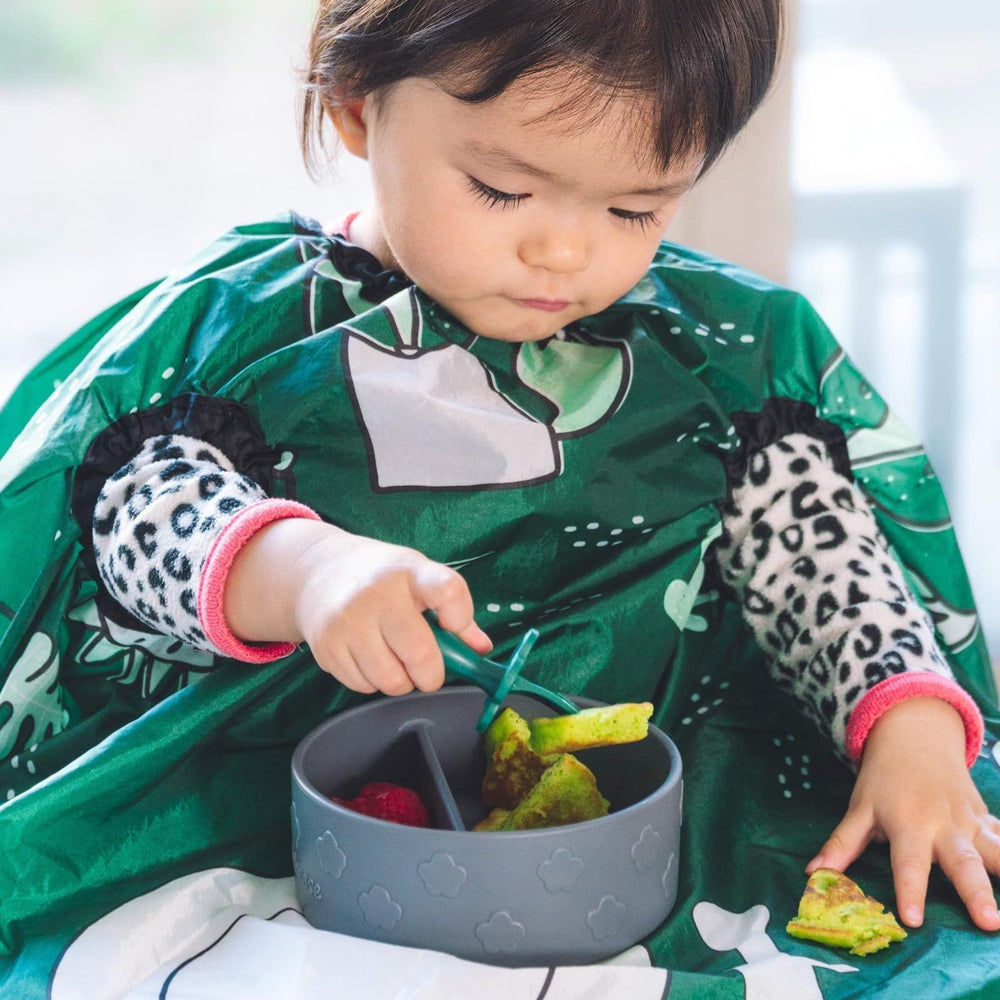 Grabease allover waterproof bib in forest green showing full-coverage mess protection.