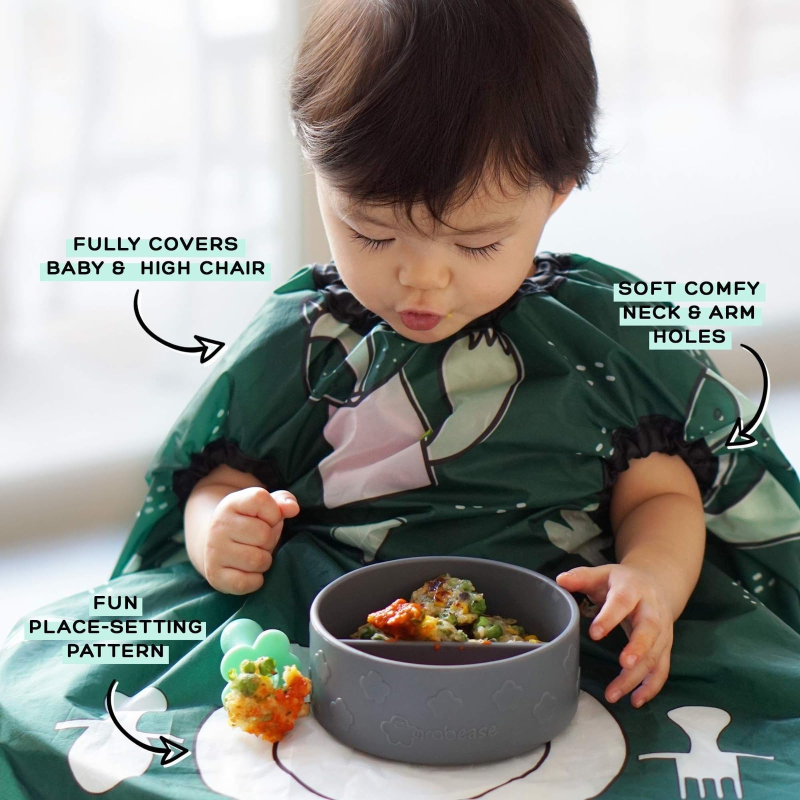 Grabease bib with long sleeves protects clothing during self-feeding.