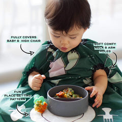Grabease bib with long sleeves protects clothing during self-feeding.