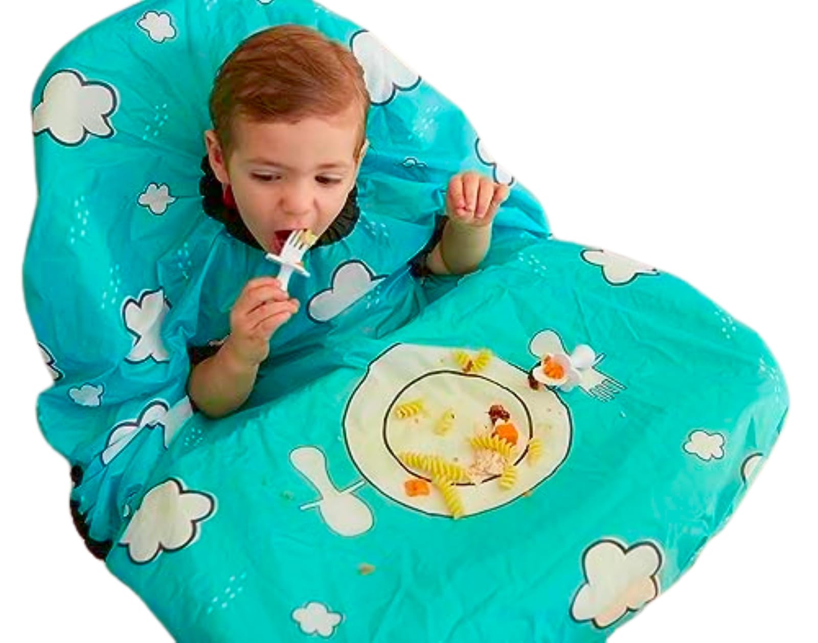 Grabease allover waterproof bib teal front view keeps clothes clean during meals