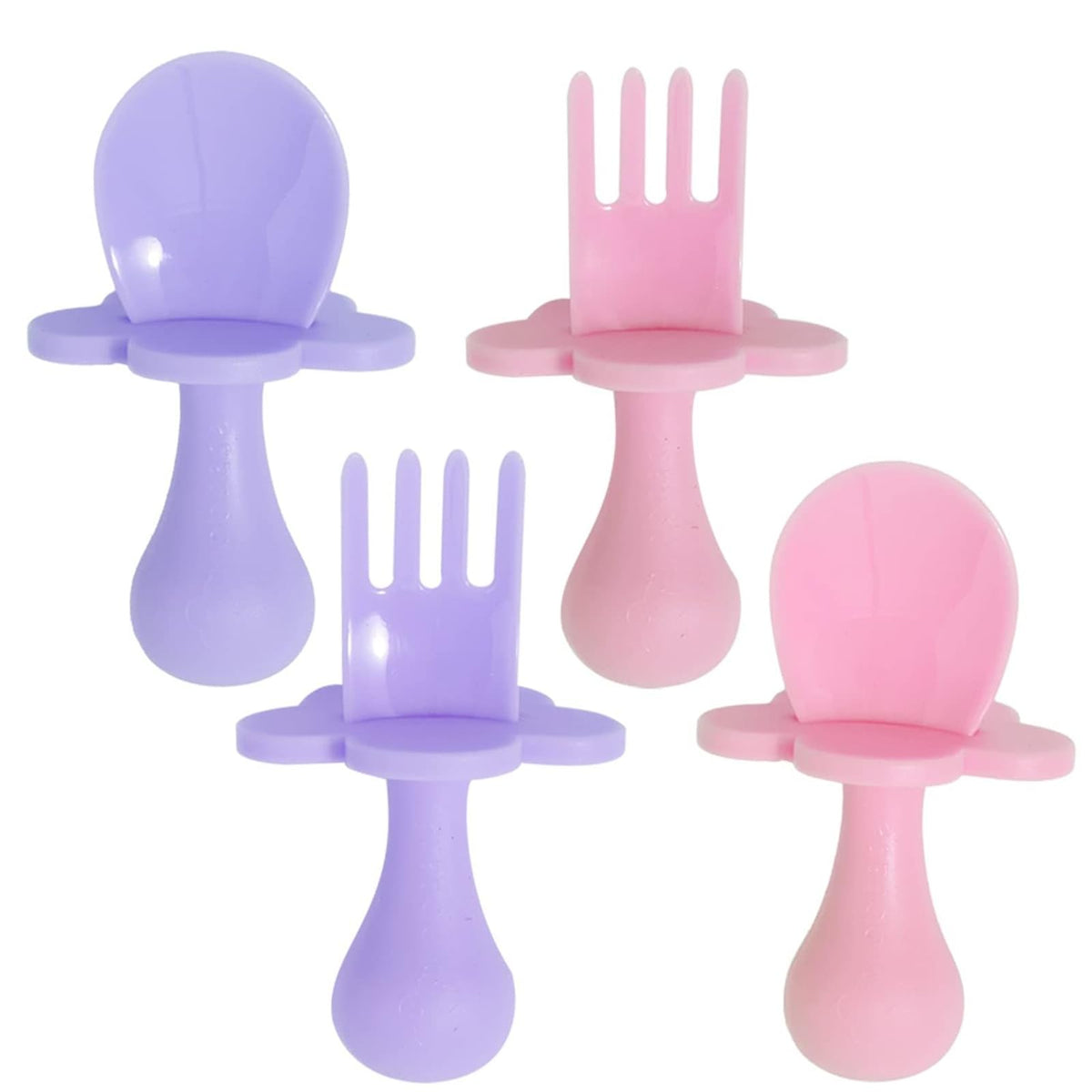 Grabease baby feeding utensils set in blush and lavender packaging for easy gifting
