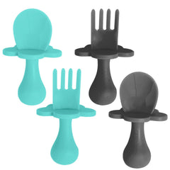 Grabease silicone baby feeding set in teal and gray for self-feeding practice