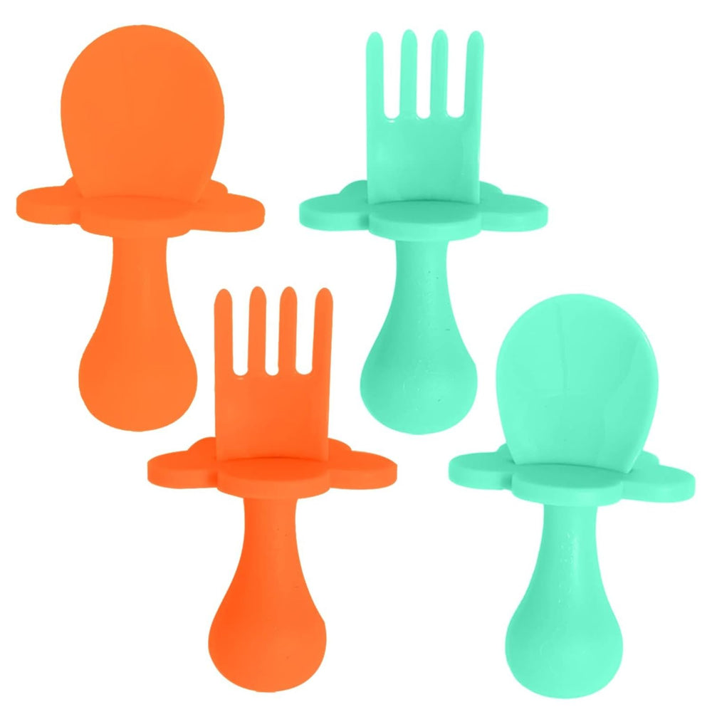 Grabease baby spoon and fork set in mint and orange for easy self-feeding.