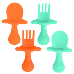 Grabease baby spoon and fork set in mint and orange for easy self-feeding.