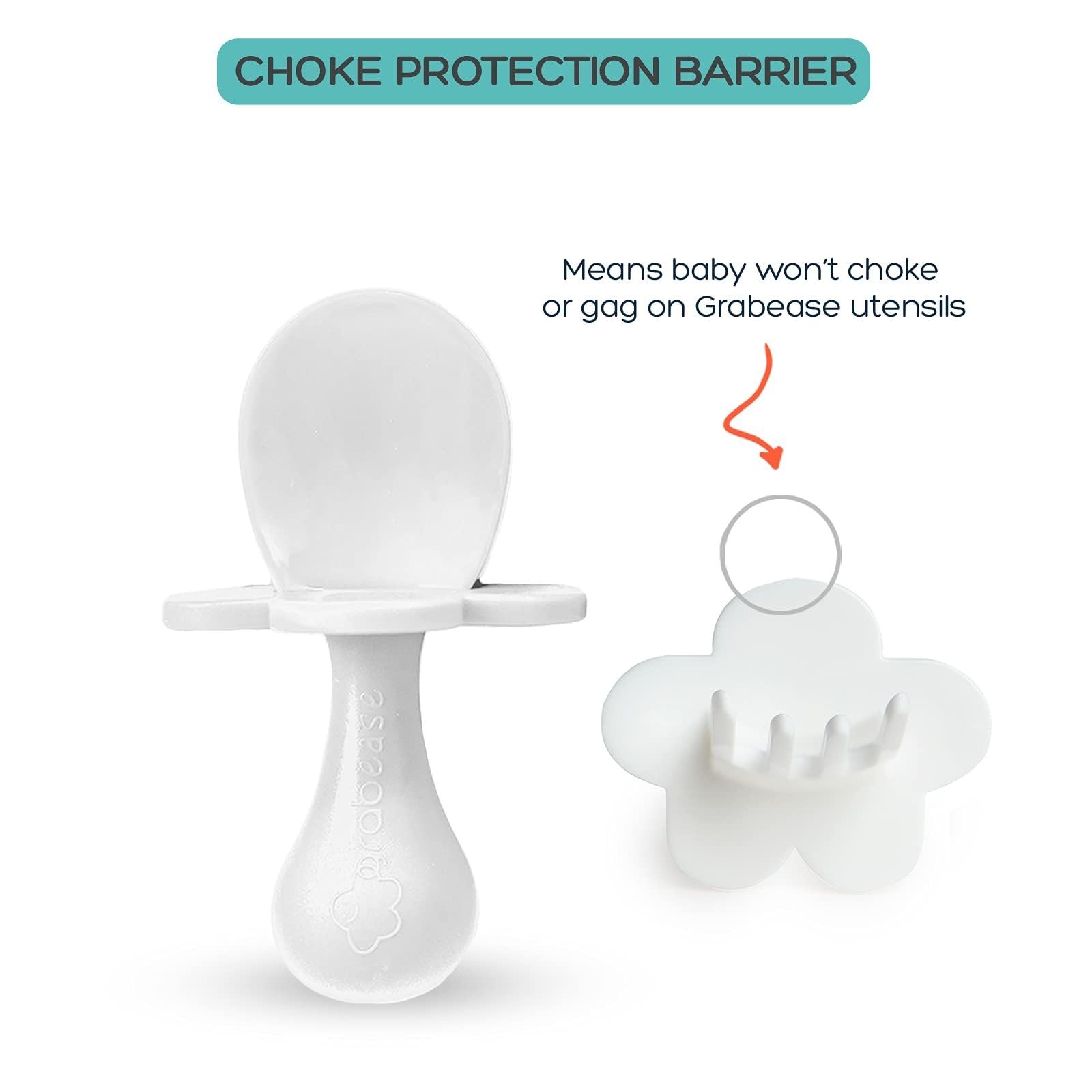 Grabease with choke-barrier for safer infant feeding experiences.