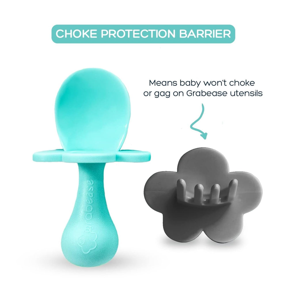 Grabease choke protection barrier on utensil for safe self-feeding
