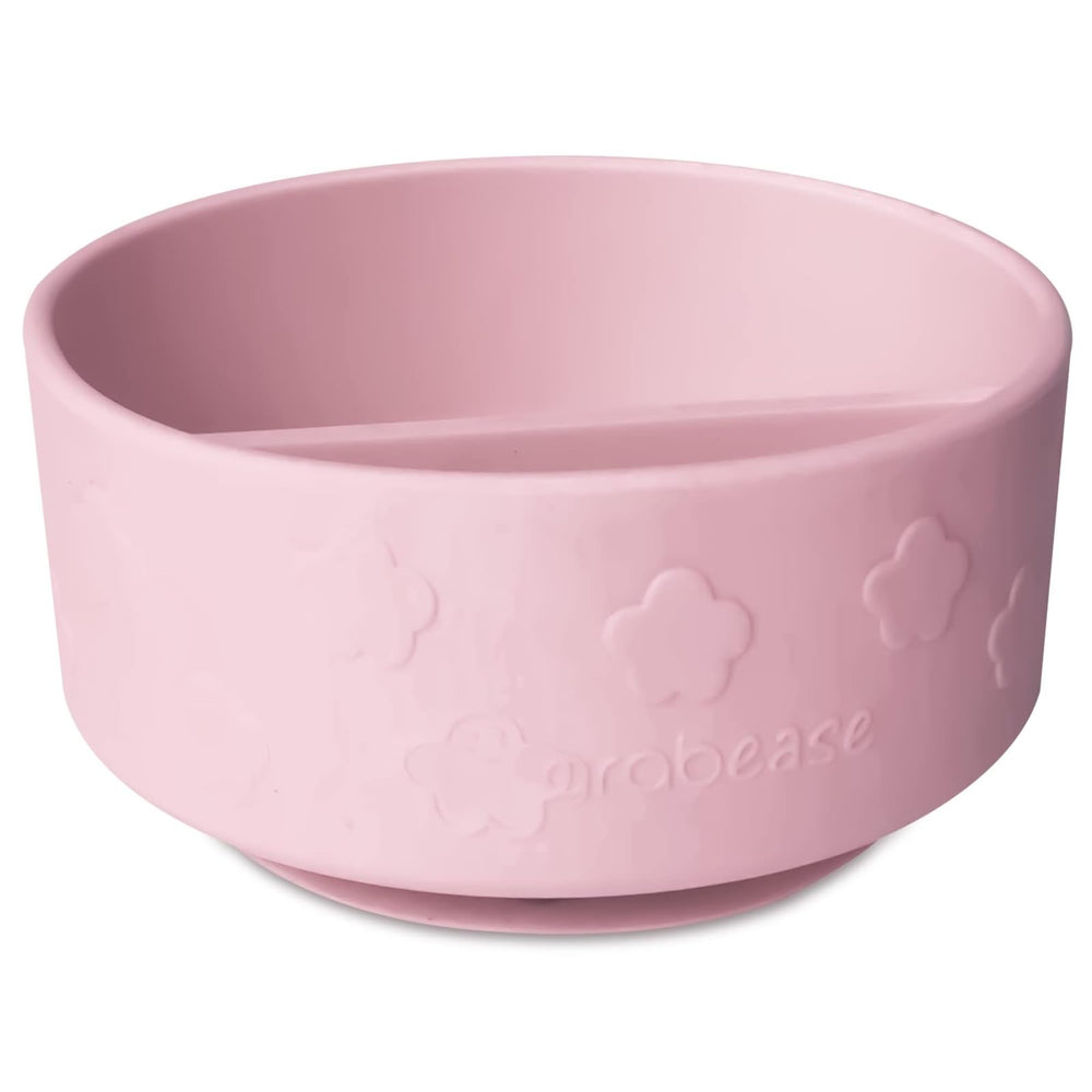Grabease divided silicone baby bowl in pink with mess-minimizing sections for easy self-feeding.