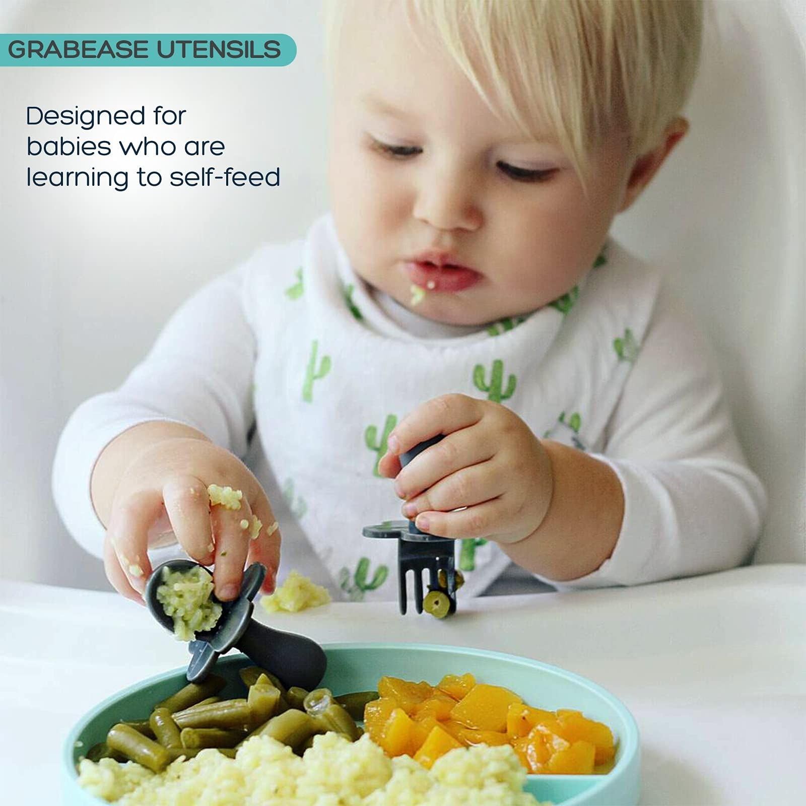 Grabease ergonomic-handle design helps little eaters grip easily during meals.