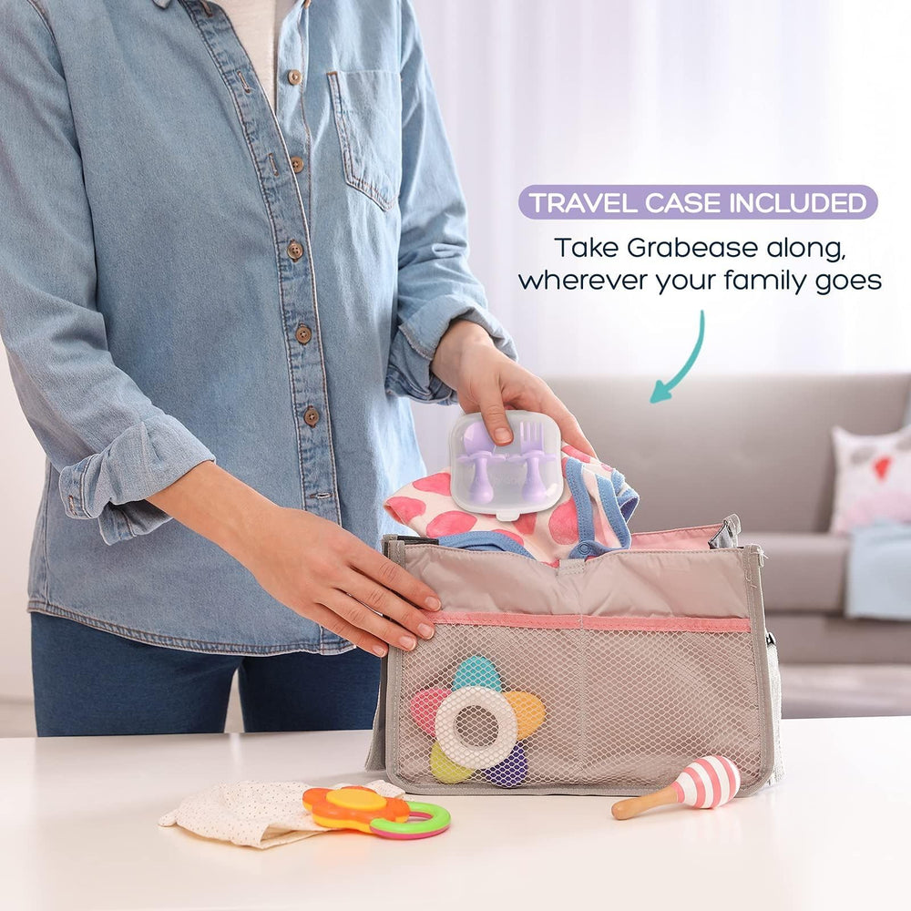 Grabease lavender-colored utensils — appealing look for toddlers during meals.