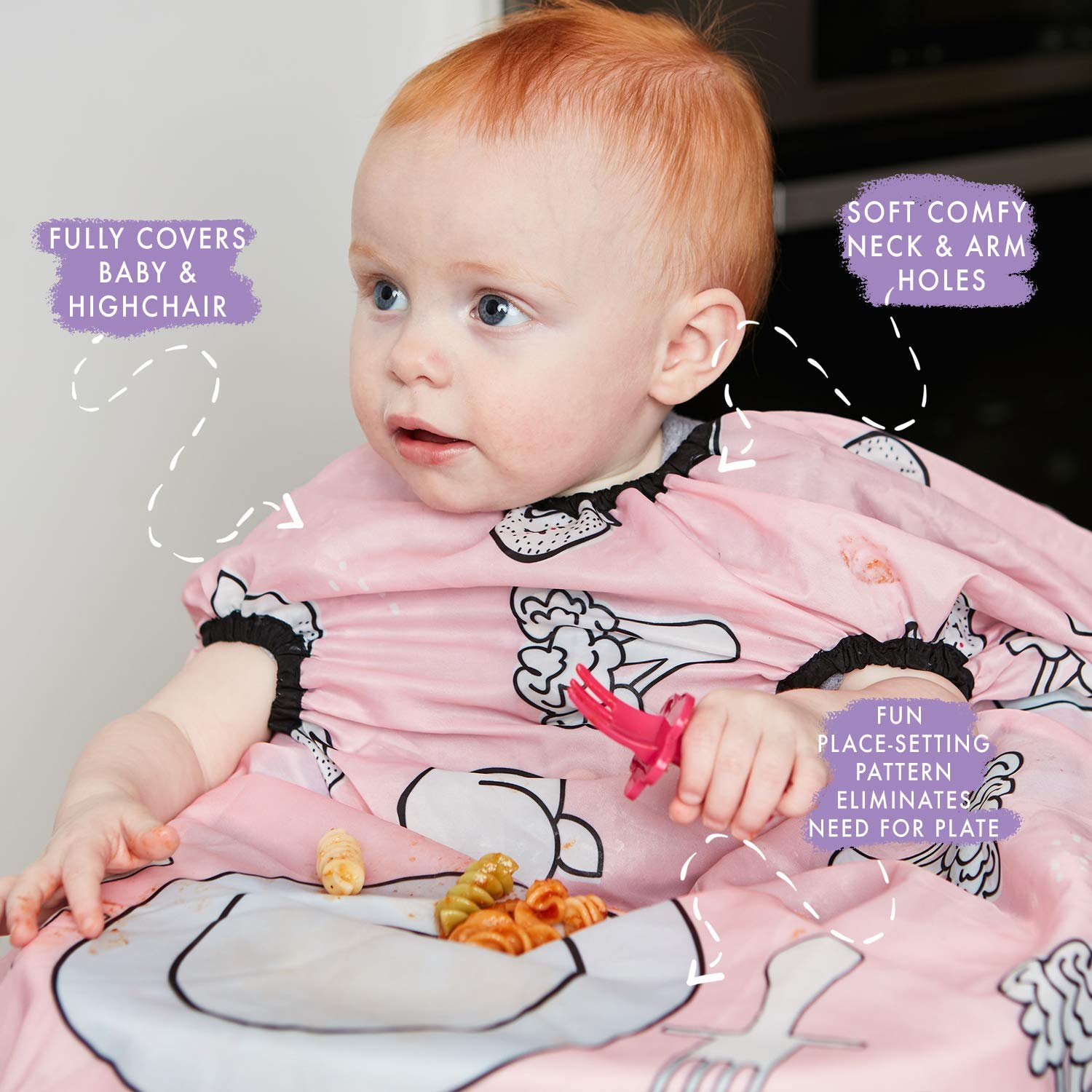 Grabease long-sleeve bib protects arms and high chair during meals.