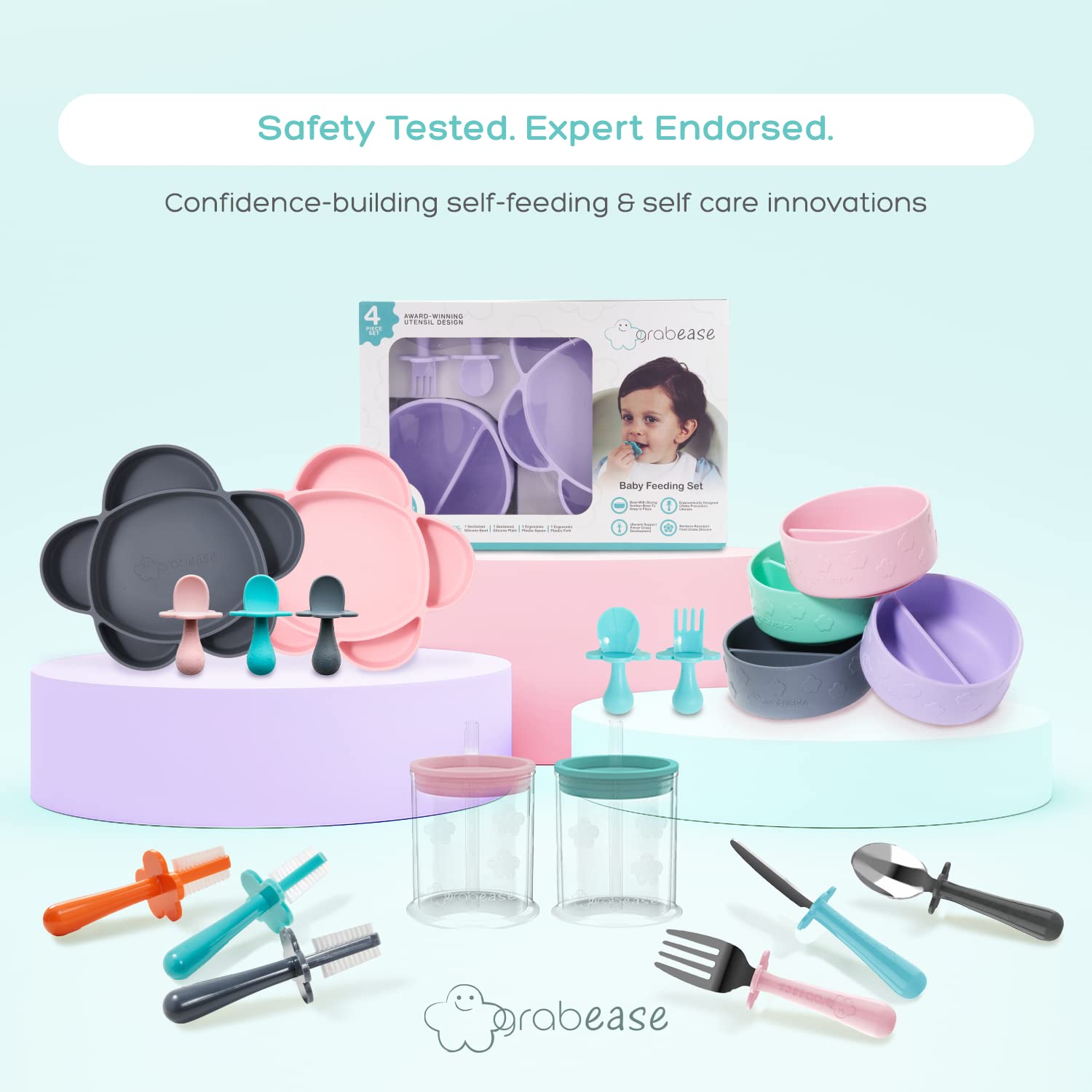 Grabease silicone set is microwave-safe for reheating gentle meals safely.