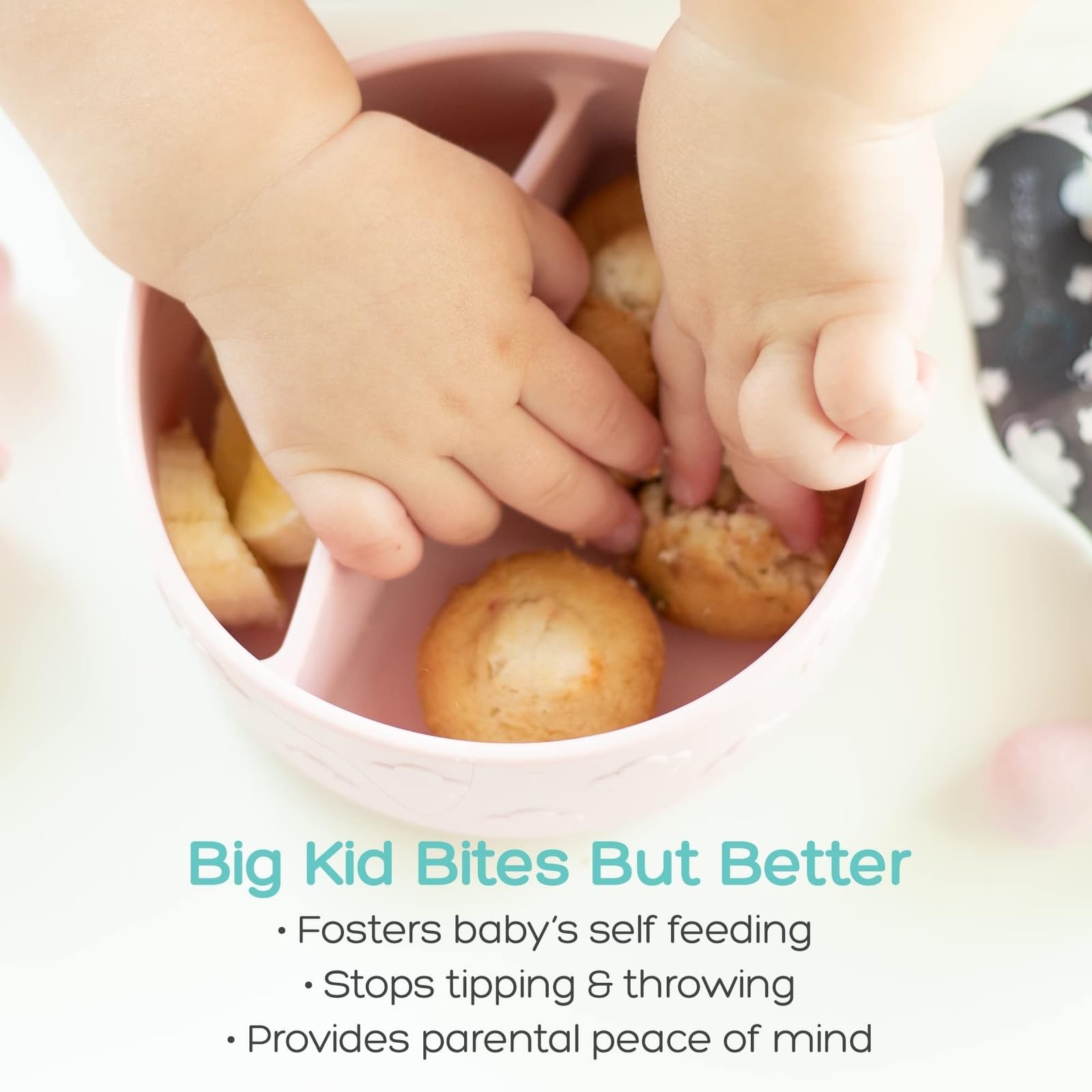 Grabease safe-exploration bowl enables toddlers to explore textures with reduced mess.