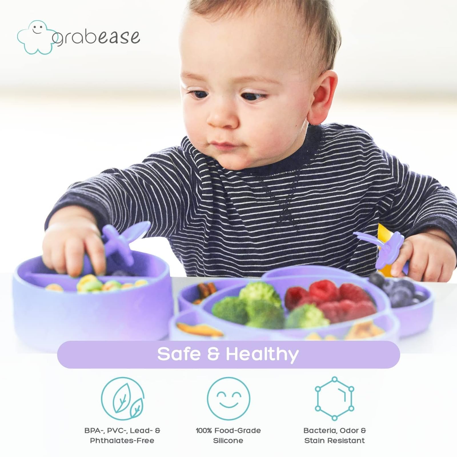 Grabease silicone plate dishwasher-safe icon shows easy cleaning