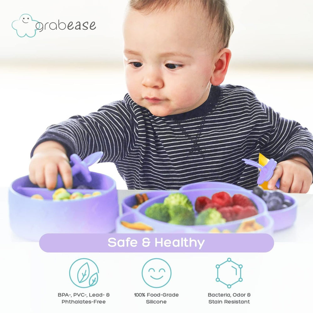 Grabease silicone plate dishwasher-safe icon shows easy cleaning