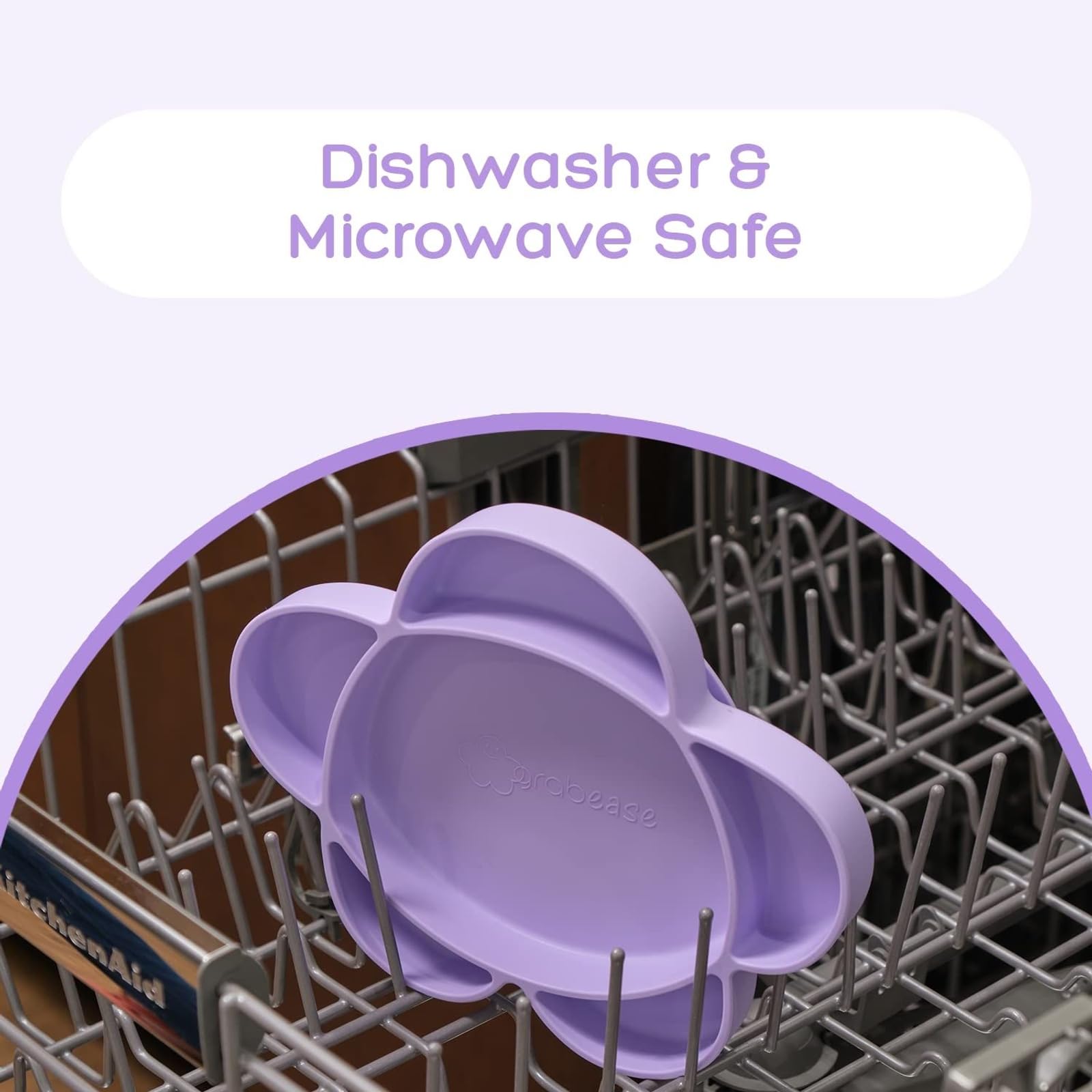 Grabease silicone plate microwave-safe icon indicates quick reheating for busy families
