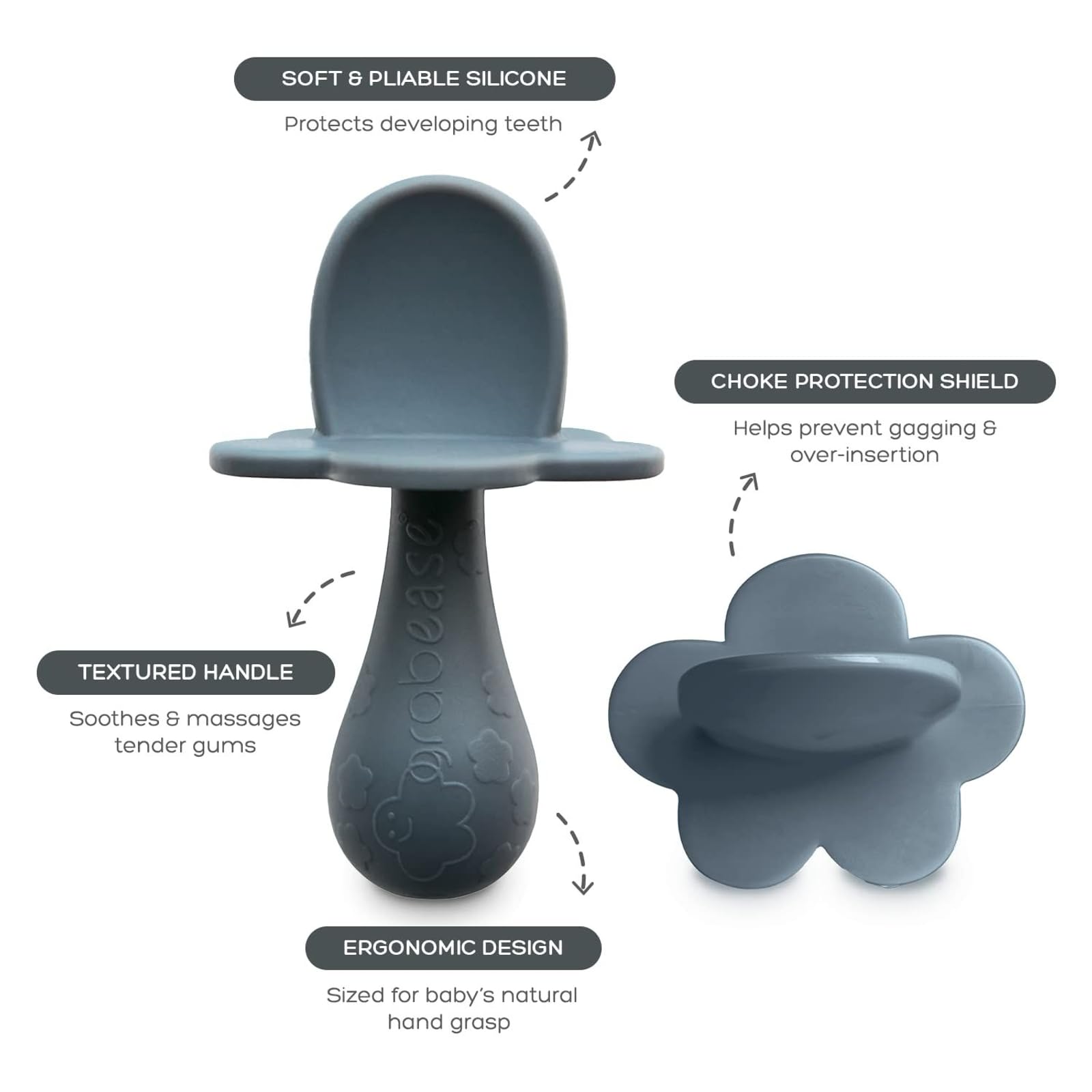 Grabease spoon features ergonomic textured handle for small hands.
