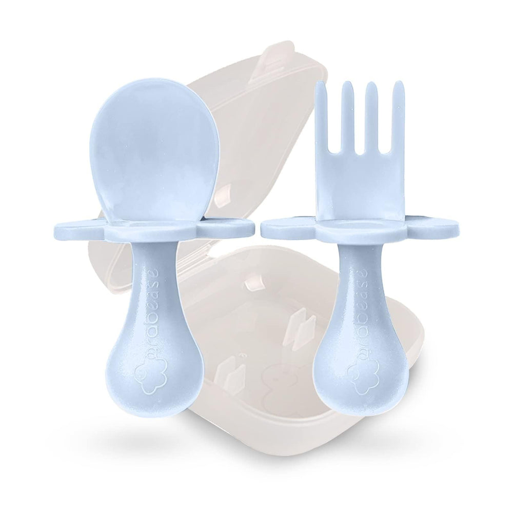 Grabease spoon and fork set in an ice-blue case for easy on-the-go feeding.