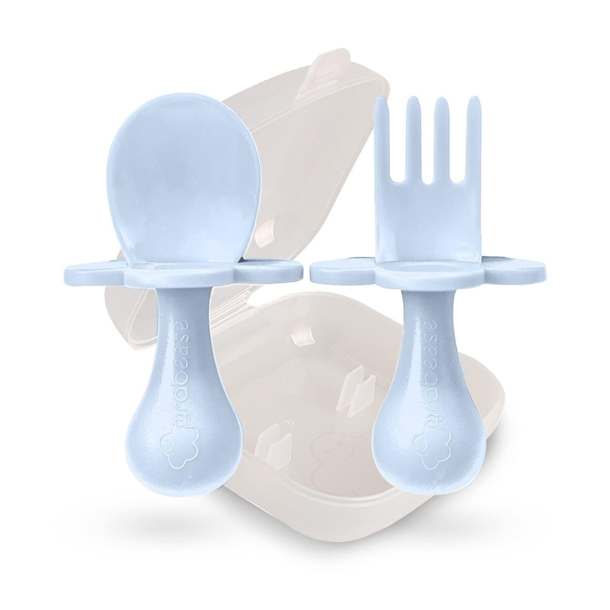 Grabease spoon and fork set in an ice-blue case for easy on-the-go feeding.