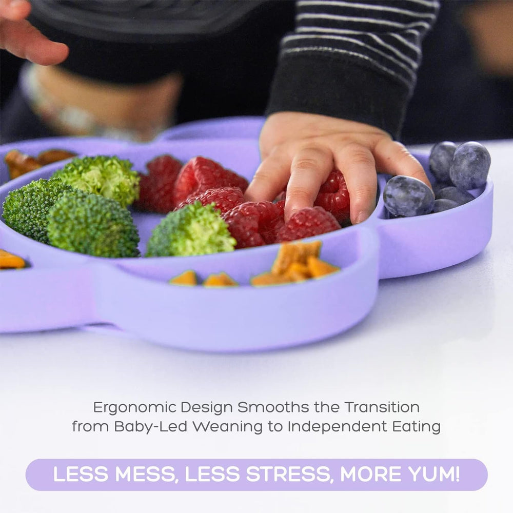 Grabease lavender plate in use conveys kid-friendly mealtime and organization