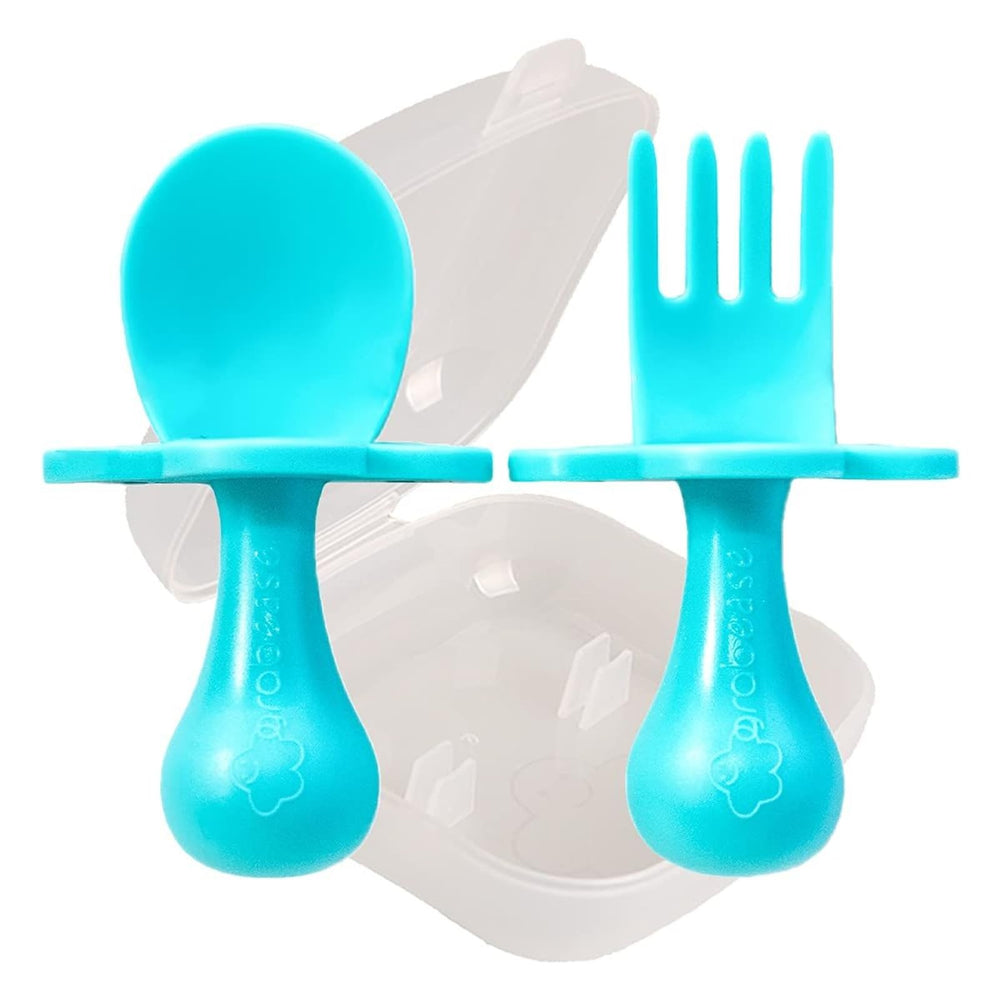 Grabease teal baby spoon with anti-choke collar supports safe self-feeding.
