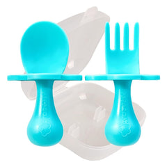 Grabease teal baby spoon with anti-choke collar supports safe self-feeding.