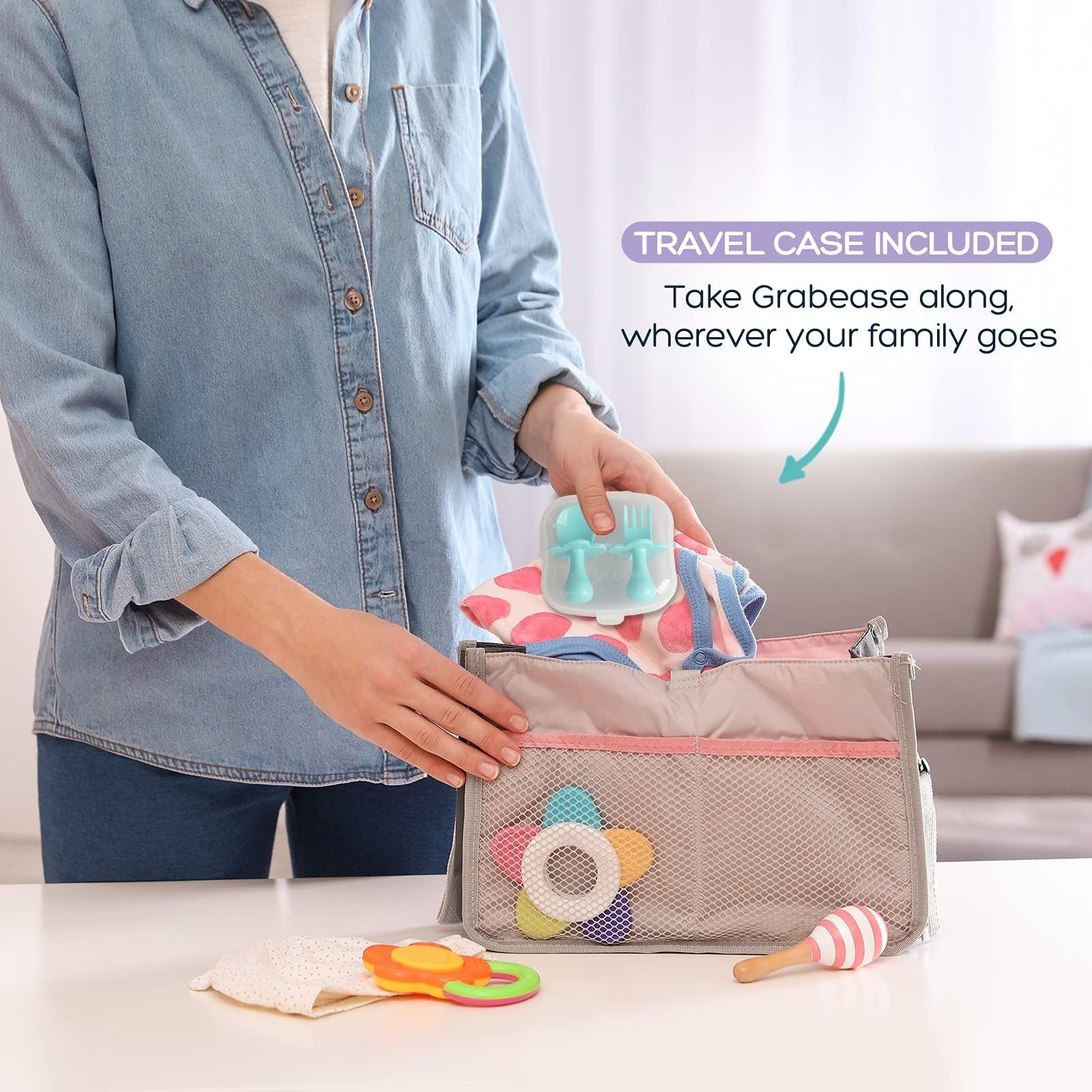 Grabease teal gift-ready packaging suggests a thoughtful baby gift.