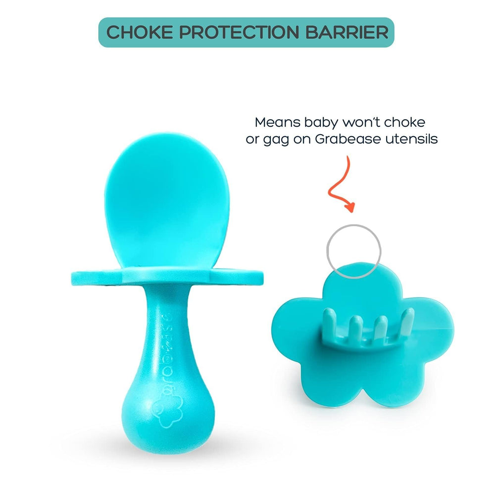 Grabease teal toddler fork with easy-grip curved handle for steady meals.